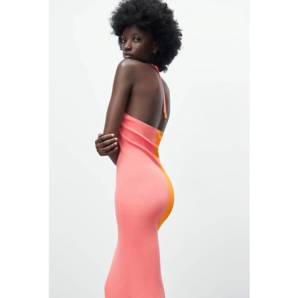 New Zara Tied Knit Halter Pink Orange Colorblock Midi Dress 9598/095 Large - Picture 2 of 10